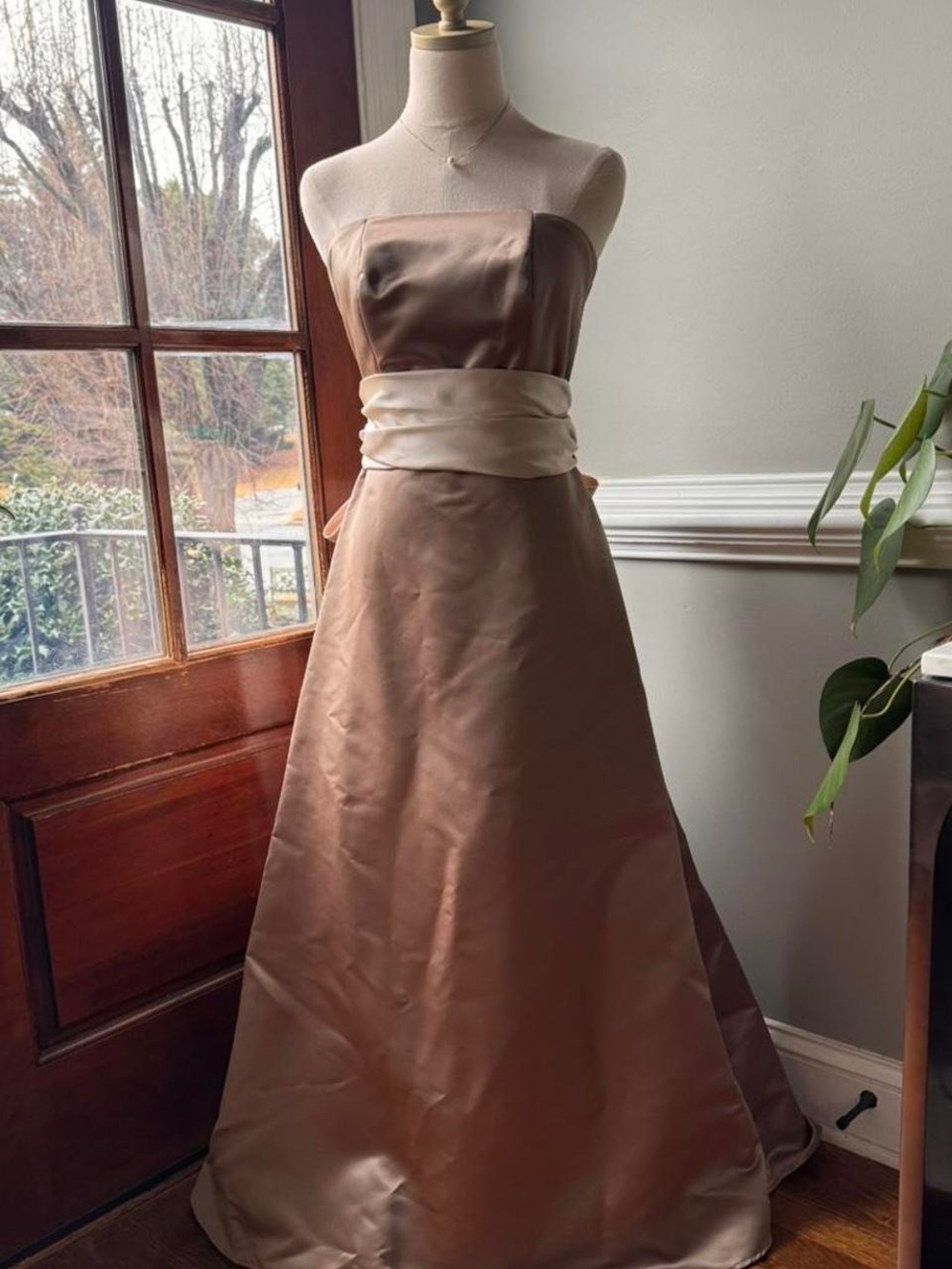 Strapless Brown Satin Maxi Dress with Cream Sash